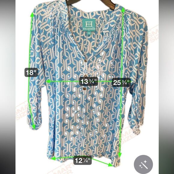 Escapada Sz M Blue & White Nautical Print Flowy Sleeve Summer Top - Picture 6 of 7
